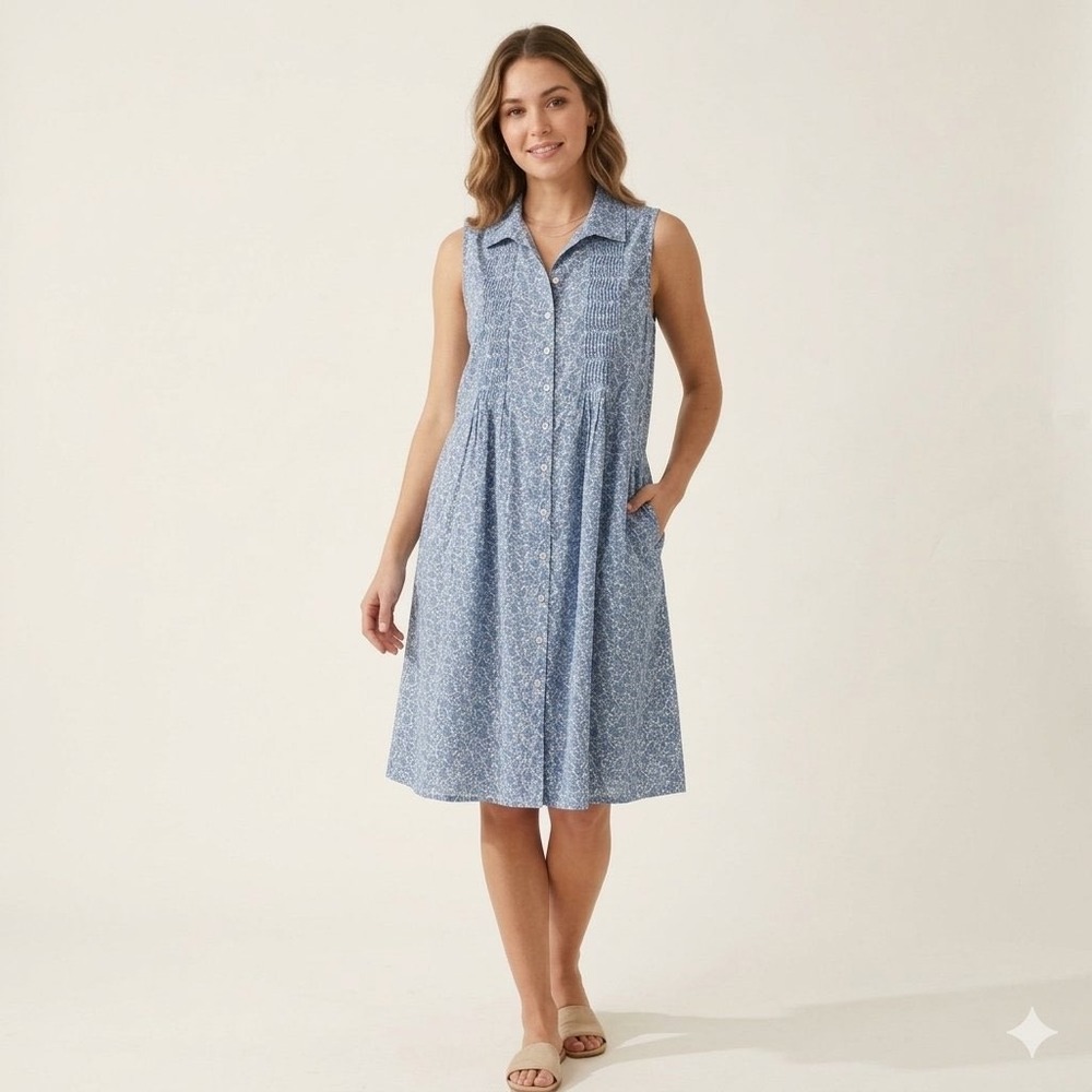 April Cornell Blue Floral Pintuck Cotton Sleeveless Cottagecore Sundress Sz: W1